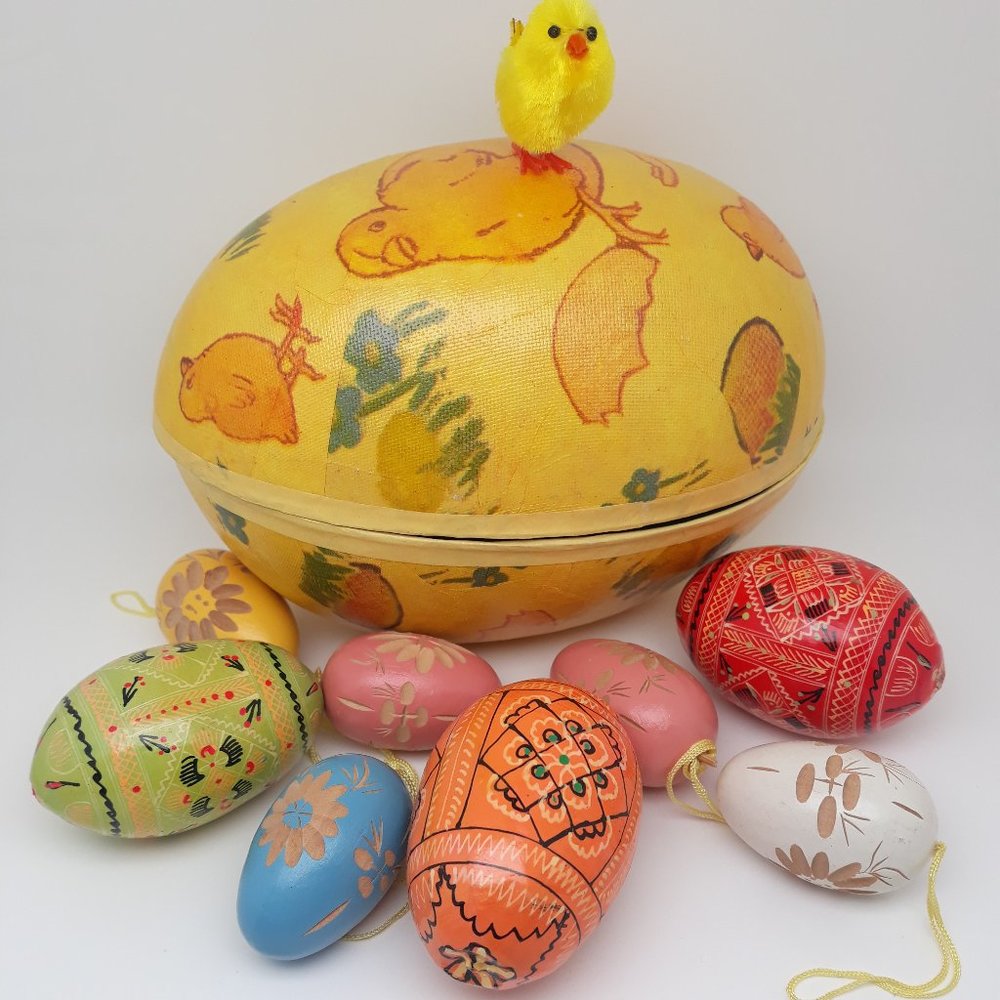 Large Vintage Yellow Easter Egg Paper Mache Candy Container with Painted Eggs